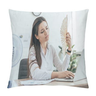 Personality  Exhausted Businesswoman Using Laptop While Conditioning Air With Electric Fan And Hand Fan In Office Pillow Covers