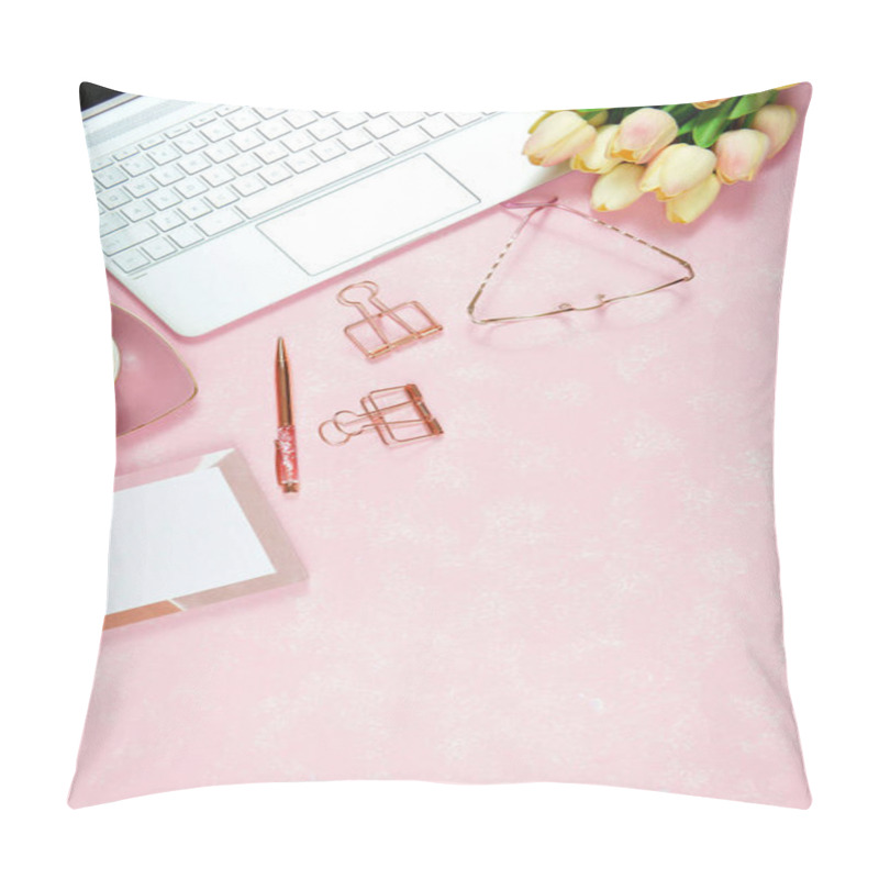 Personality  Feminine pink desktop workspace blog header overhead flat lay. pillow covers
