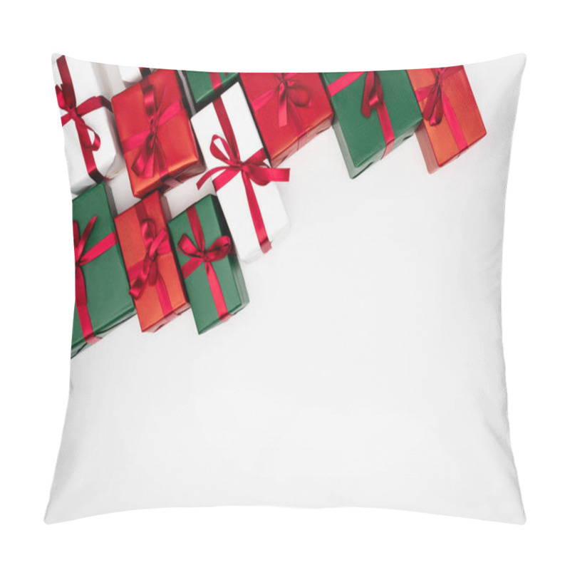 Personality  Top View Of Colorful Present Boxes With Red Ribbons And Bows On White Background Pillow Covers