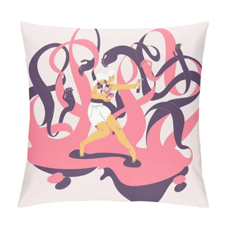 Personality  Woman Fighting With Ocd Symptoms With Cleaning Products. Concept Illustration With Frightful Hands. Pillow Covers