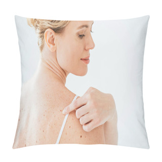 Personality  Beautiful Smiling Woman Pointing With Finger At Mole Isolated On White  Pillow Covers