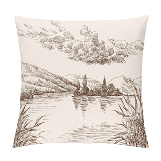 Personality  Lake Landscape Sketch, Water Vegetation And Cloudy Sky Hand Draw Pillow Covers
