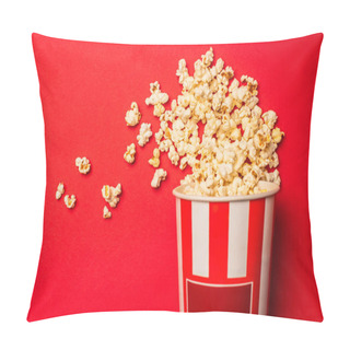 Personality  Top View Of Bucket With Tasty Popcorn On Red Background Pillow Covers