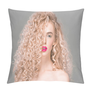 Personality  Portrait Of Beautiful Naked Young Woman With Long Curly Hair Looking At Camera Isolated On Grey Pillow Covers