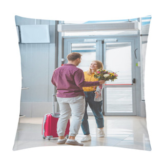 Personality  Boyfriend Holding Flowers And Meeting Happy Girlfriend With Suitcase In Airport  Pillow Covers