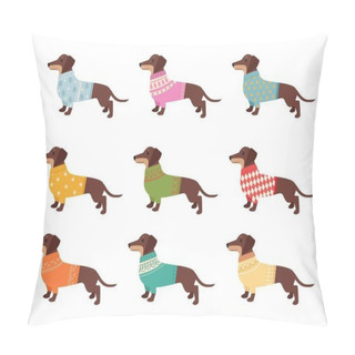 Personality  Dachshund. Cute Funny Domestic Pets Dachshund Dogs In Knitted Clothes. Vector Pictures Pillow Covers