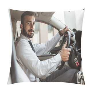 Personality  Smiling Handsome Driver Holding Steering Wheel And Looking At Camera In Car Pillow Covers