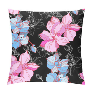 Personality  Vector Pink And Blue Orchid Flower. Engraved Ink Art. Seamless Background Pattern. Fabric Wallpaper Print Texture. Pillow Covers