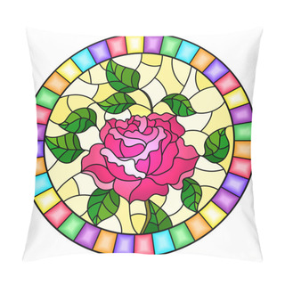Personality  Illustration In Stained Glass Style Flower Of Pink Rose On A Yellow Background In A Bright Frame,round Image Pillow Covers
