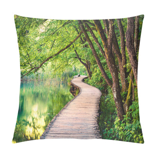 Personality  Picturesque Morning In Plitvice National Park. Colorful Spring Scene Of Green Forest With Pure Water Lake. Great Countryside View Of Croatia, Europe. Beauty Of Nature Concept Background Pillow Covers