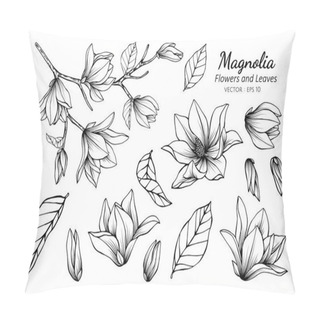 Personality  Collection Set Of Magnolia Flower And Leaves Drawing Illustratio Pillow Covers
