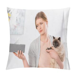 Personality  Sad Woman Holding Siamese Cat And Box With Napkin  Pillow Covers