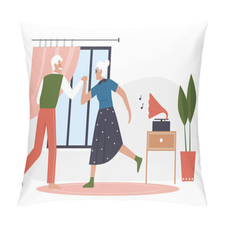 Personality  Elderly Couple Dancing. Seniors People Spending Funny Time Together Vector Illustration Pillow Covers
