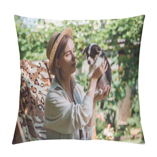 Personality  Blonde Girl In Straw Hat Holding Welsh Corgi Puppy While Sitting In Deck Chair In Garden Pillow Covers