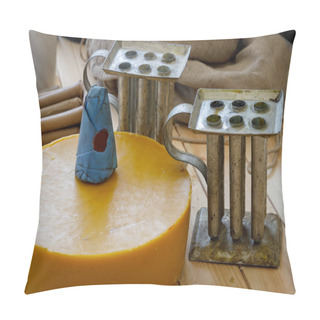 Personality  Large Round Piece Of Wax And Tools For Making Wax Candles Lie On A Wooden Table Pillow Covers