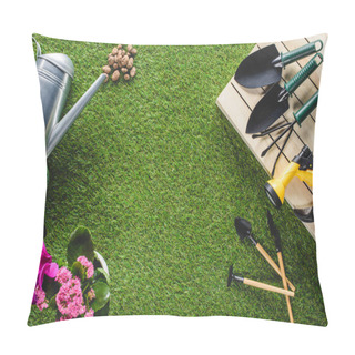 Personality  Top View Of Arranged Gardening Equipment And Flowers On Grass Pillow Covers
