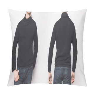 Personality  Front And Back View Of Man In Black Sweater Isolated On White Pillow Covers