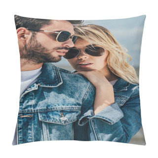 Personality  Attractive Woman And Handsome Man In Denim Jackets Hugging Outside  Pillow Covers