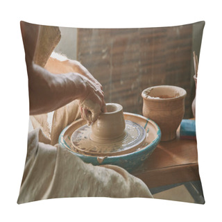 Personality  Cropped Image Of Professional Potter Working On Pottery Wheel At Workshop Pillow Covers