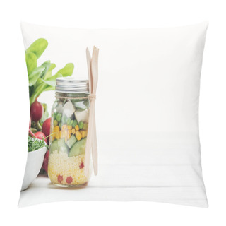 Personality  Fresh Vegetable Salad In Glass Jar Near Radish Isolated On White Pillow Covers