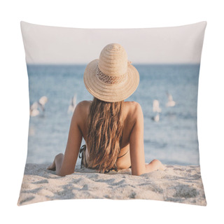 Personality  Young Girl In A Bathing Suit And Hat Sitting On The Sand On The Beach, Looking To The Seagulls In The Sea. Beautiful Lady Is Facing The Ocean With Her Back To The Lens Pillow Covers