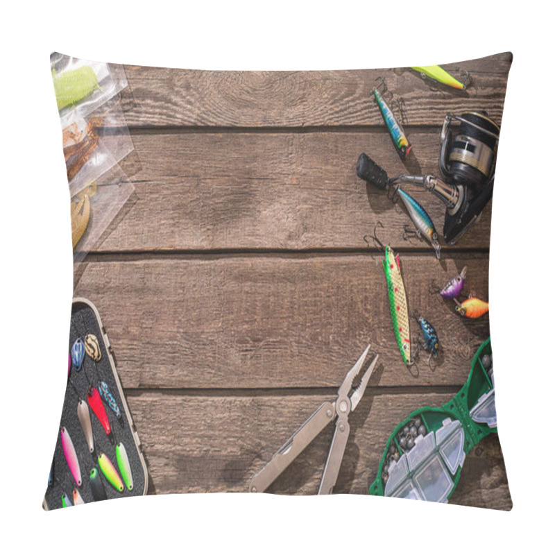 Personality  Fishing tackle - fishing spinning, fishing line, hooks and lures on wooden background. pillow covers