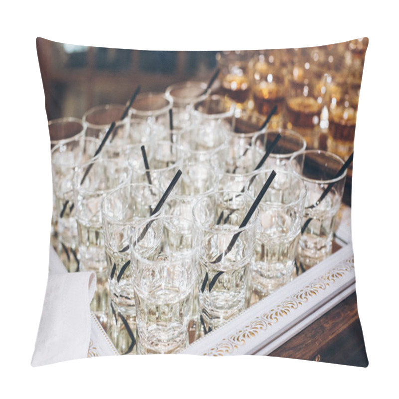 Personality  Stylish Glasses With Martini Or Jin With Black Straw On Table At Wedding Reception. Alcohol Bar. Tasty Drinks For Celebrations And Events. Luxury Stylish Catering Pillow Covers