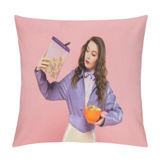 Personality  Concept Photography, Brunette Woman With Wavy Hair Pretending To Be A Doll, Holding Container With Corn Flakes, Tasty Breakfast, Posing On Pink Background, Stylish Purple Jacket Pillow Covers