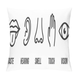 Personality  Creative Vector Illustration Line Icon Set Of Five Human Senses. Vision, Hearing, Smell, Touch, Taste Isolated On Transparent Background. Art Design Nose, Eye, Hand, Ear, Mouth With Tongue Element Pillow Covers
