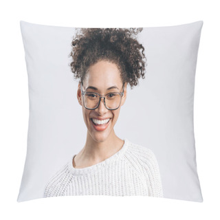 Personality  Portrait Of Excited Curly Haired Young Woman Standing With Happy Face And Smiling. Indoor Studio Shot, Isolated On White Background Pillow Covers