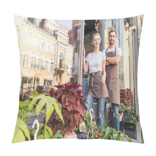 Personality  Smiling Colleagues Standing Near Flower Shop And Looking At Camera Pillow Covers