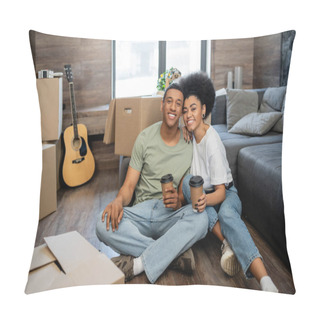 Personality  Happy African American Couple With Coffee Looking At Camera Near Packages In New Living Room Pillow Covers