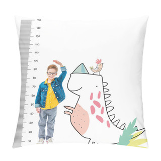 Personality  Boy Standing On Pile Of Books To Be Higher, Isolated On White With Imaginary Dinosaur And Growth Measures Pillow Covers