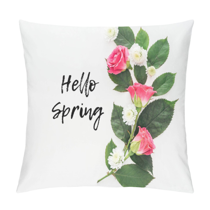 Personality  top view of flower composition and hello spring illustration on white background pillow covers