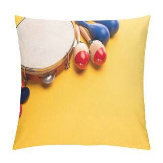 Personality  Wooden Colorful And Blue Maracas With Tambourine And Castanets On Yellow Background Pillow Covers