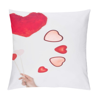 Personality  Cropped Shot Of Woman Holding Hearts On Sticks Near Valentines Holiday Composition Isolated On White Pillow Covers