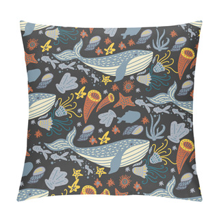 Personality  Vector Handdrawn Sea Pattern With Various Marine Animals. Pillow Covers