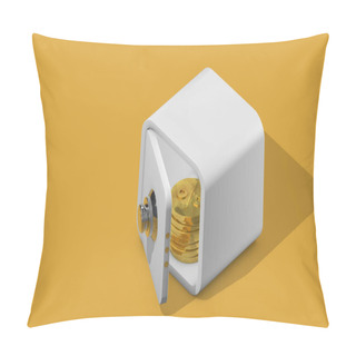 Personality  Open Safe On A Yellow Background With Coins Inside. The Accumulation Of Interest. Pillow Covers