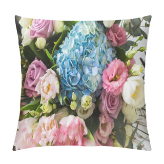 Personality  Flower Bouquet With Blue Hydrangea And Pink Tulips And Roses. Spring Decor For Home Pillow Covers