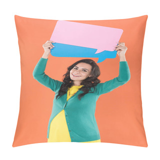 Personality  Excited Pregnant Woman Holding Speech Bubbles Isolated On Orange Pillow Covers