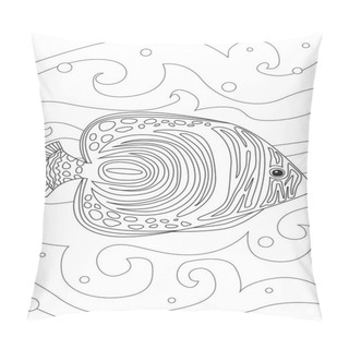 Personality  Coloring Page With Imperial Fish Angel On A White Background In A4 Format. Outline Or Linear Stock Vector Illustration With Seabed Or Ocean As Anti Stress For Adults Pillow Covers