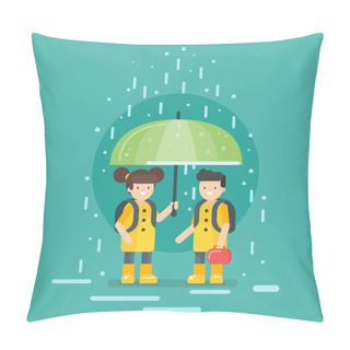 Personality  Vector Illustration Of Smiling Kids Going To School In The Rain. Pillow Covers