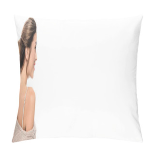 Personality  Panoramic Shot Of Elegant Woman In Knitted Sweater Looking Away Isolated On White Pillow Covers