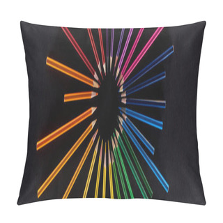 Personality  Panoramic Shot Of Circular Rainbow Spectrum Made With Color Pencils Isolated On Black Pillow Covers