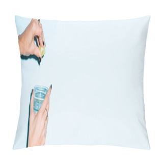 Personality  Cropped View Of Woman Squeezing Lime In Glass With Alcohol Drink On Blue, Banner Pillow Covers