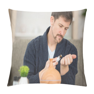 Personality  Handsome Man With Bottle Of Perfume On Light Background Pillow Covers