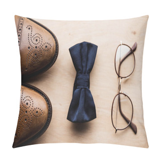 Personality  Top View Of Shoes, Tie Bow And Glasses On Wooden Surface  Pillow Covers