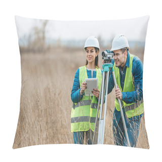 Personality  Smiling Surveyors With Digital Level And Tablet In Field Pillow Covers