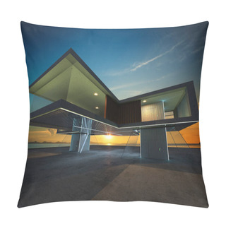 Personality  Perspective View Of Contemporary Building Exterior With Steel,cement And Glass Facade Loft Style Design . 3D Rendering And Real Images Mixed Media . Pillow Covers