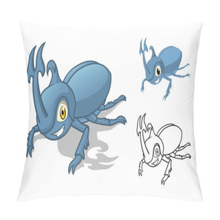 Personality  Detailed Rhino Beetle Cartoon Character With Flat Design And Line Art Black And White Version Pillow Covers